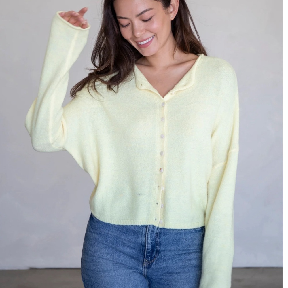 Butter yellow cardigan with rolled neck. Brand new never worn!